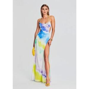 NWT Retrofête Women's Scarlett Silk Maxi Dress Watercolor Wave Backless Size L
